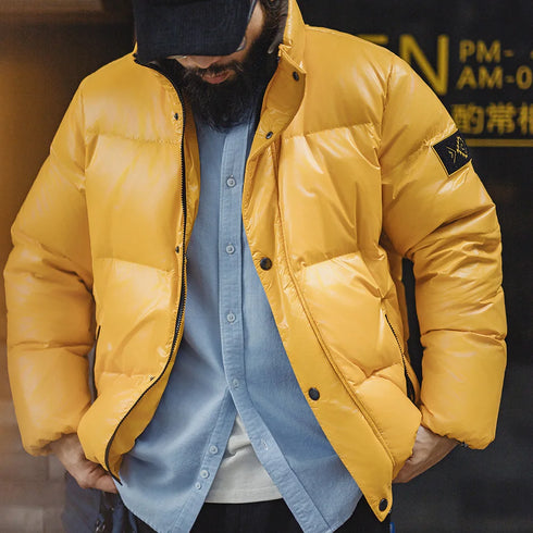 Men’s Yellow 90% White Duck Down Jacket – Warm Stand Collar Puffer Coat for Fall & Winter Casual Outerwear